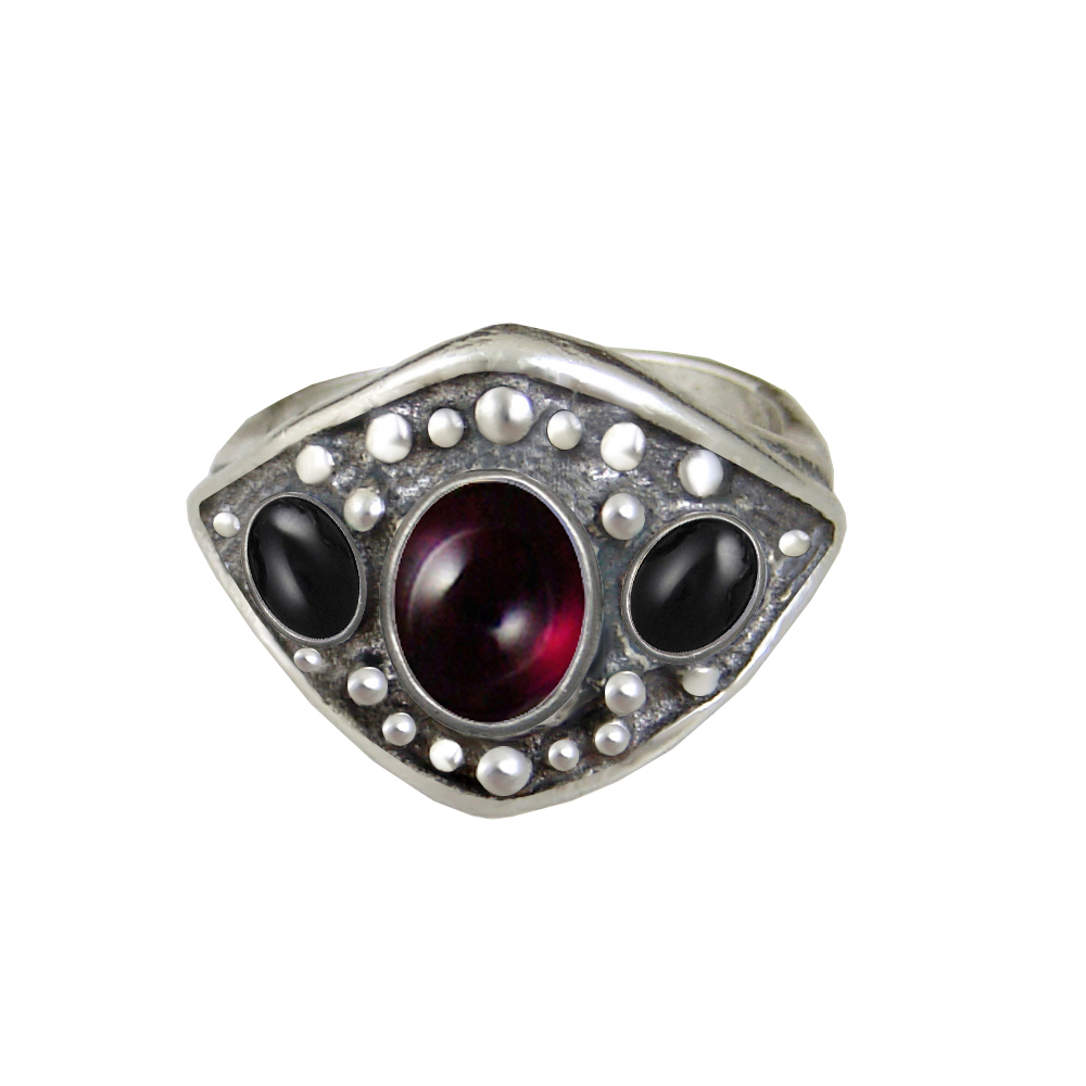 Sterling Silver Medieval Lady's Ring with Garnet And Black Onyx Size 8